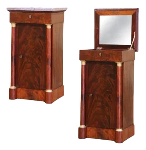 19th Century French Empire Marble Top Carved Walnut Vanity Cabinet With Mirror