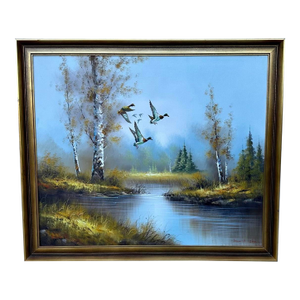 1970s Oil Painting by Joon S. Choi – Flying Ducks Over Reflected Landscape