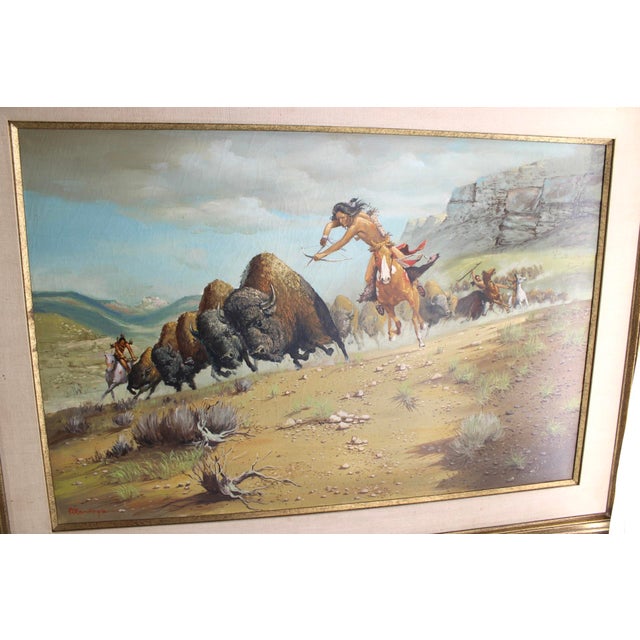 Paint Original Large Western Buffalo Hunt Oil Painting by Pt Mendoza For Sale - Image 7 of 8