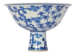 Antique Blue & White Chinese Qing Dynasty Porcelain Stem Cup Bowl Xuande Mark, Circa 1890