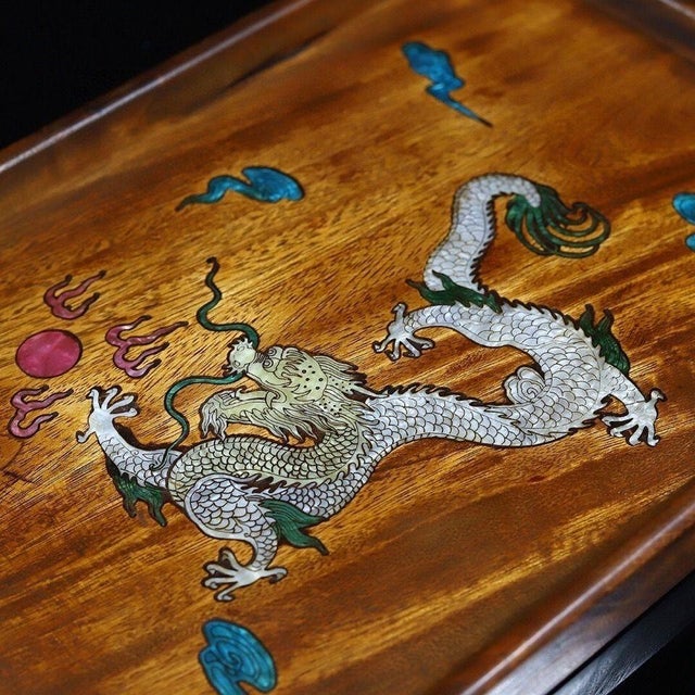 Brown Vintage Rosewood Tray With Mother-of-Pearl Dragon - Brass Mounted Tea Tray For Sale - Image 8 of 9