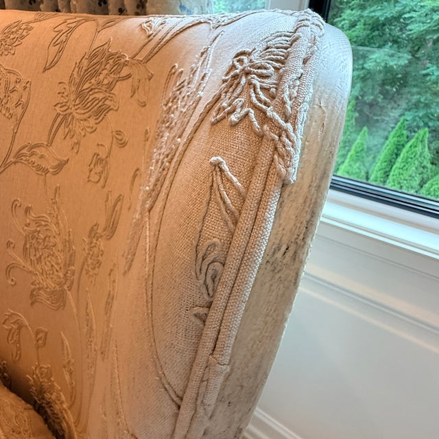 Tall Embroidered Wingback With Footstool For Sale In Washington DC - Image 6 of 13