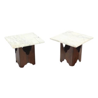 Pair of Mid-Century Modern Walnut Base Square Marble Top End Side Tables MINT For Sale