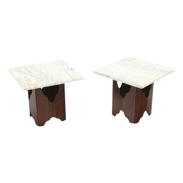 Pair of Mid-Century Modern Walnut Base Square Marble Top End Side Tables MINT For Sale