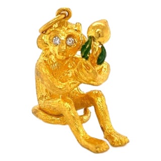 Diamond Enamel Solid 24k Gold Full Figure Monkey Charm Pendant For Sale