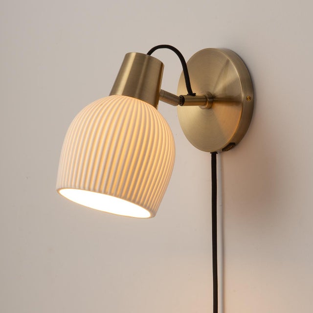 2010s Petaluma Bone Porcelain Wall Sconce - Weathered Brass, Plug-In, Dimmer Switch For Sale - Image 5 of 11
