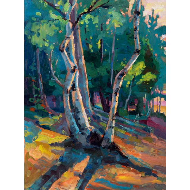 This oil painting captures a vibrant scene of birch trees, their white bark contrasting against deep greens and blues of...