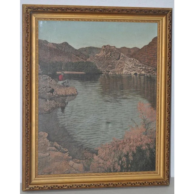 High Desert Fishing Vintage Oil Painting by Loosen c.1965 Fine oil on canvas of a high desert lake surrounded by rock...