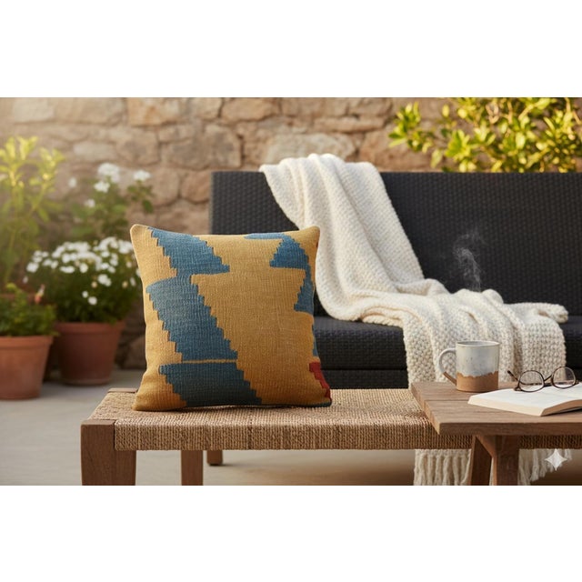 Tribal Mustard & Blue Geometric Kilim Pillow – 16x16 Vintage Handwoven For Sale - Image 3 of 7