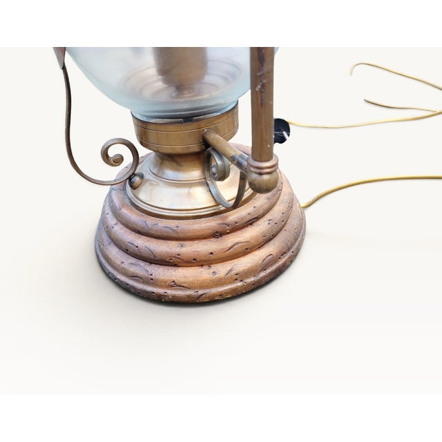 Metal Vintage Revival French Brass, Glass and Wood Hurricane Table Lamp, 1960s For Sale - Image 7 of 18