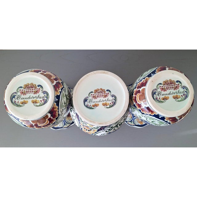 Printmaking Materials Set of Three Handworked Polychrome Boch Faience Vases, Premium Belgian Garniture Set For Sale - Image 7 of 11