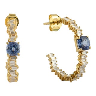 1.35ct Sapphire 14k Gold Inside-Out Hoop Earrings With 66pcs Baguette Diamonds- A Pair For Sale