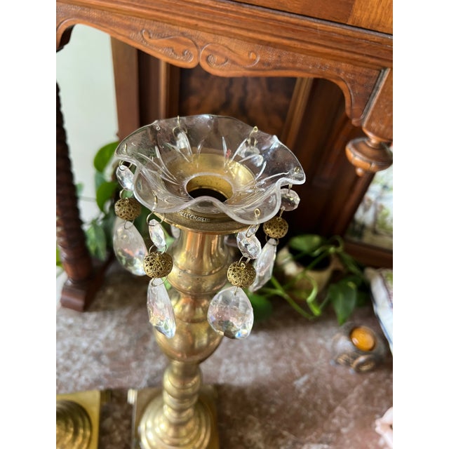 1970s 1970s Pair of Vintage Brass Candlesticks With Acrylic Bobeches and Crystals For Sale - Image 5 of 5
