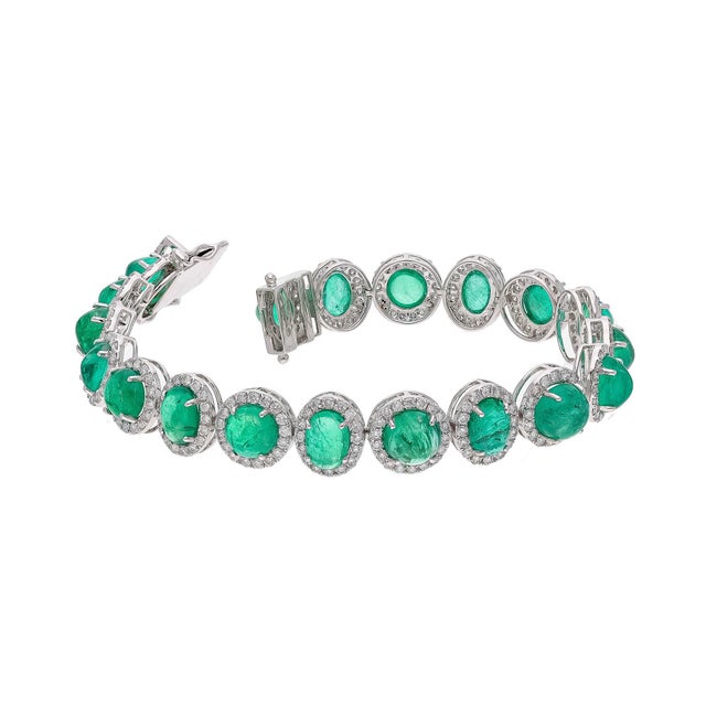 Natural Zambian Emerald caboshan Bracelet with Diamond and 18k Gold For Sale - Image 4 of 18