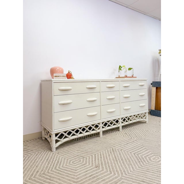 Vintage White Rattan 9-Drawer Dresser Old Florida Ficks Reed Style MCM Coastal For Sale - Image 13 of 14