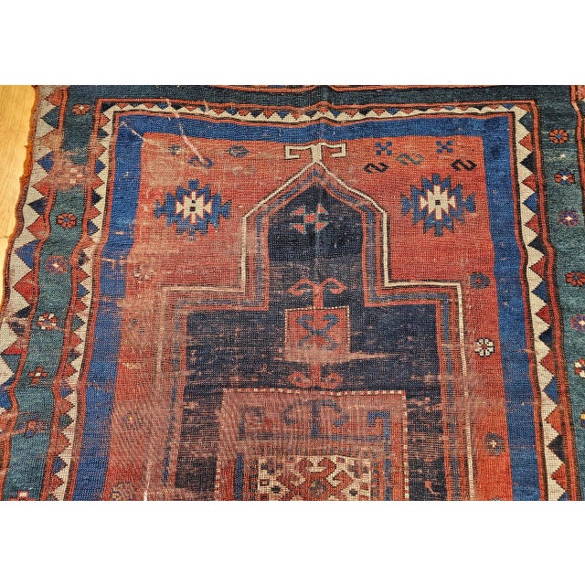 Antique Fachralo Kazak Prayer Rug, Handwoven Wool, Persimmon & Green, 4' x 6' For Sale - Image 11 of 18