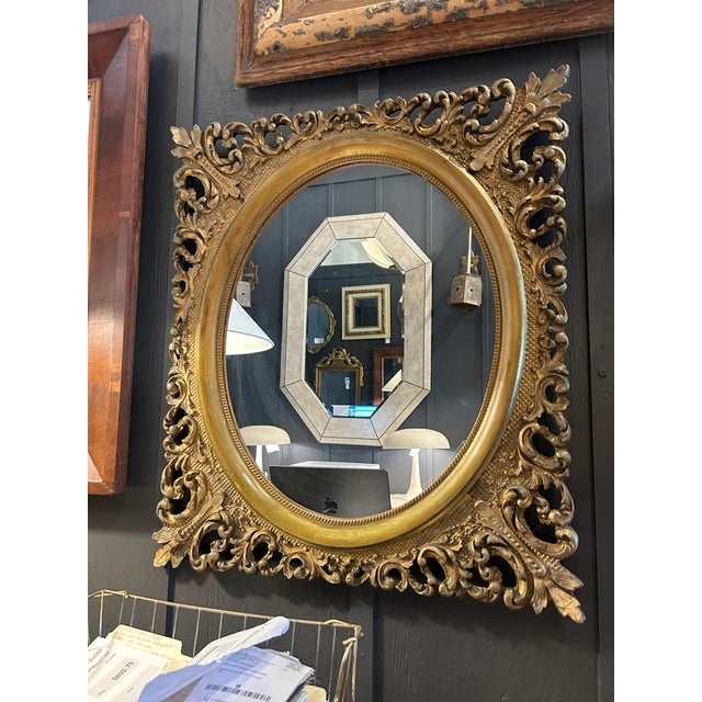 Gold Vintage Carved Wood Gold Leaf Oval Mirror For Sale - Image 8 of 9