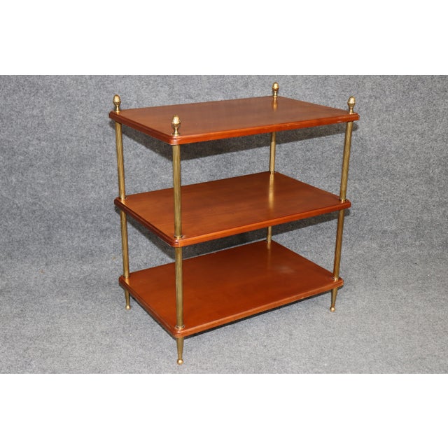 Wood Pair of Solid Cherry Maison Jansen Attributed Brass Directoire Three Tier Tables For Sale - Image 7 of 12