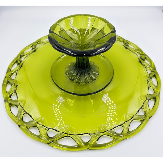 1950s 1950s Pitman-Drietzer Glass Avocado Green Cake Stand "Colony Lace" 14" Plate For Sale - Image 5 of 8
