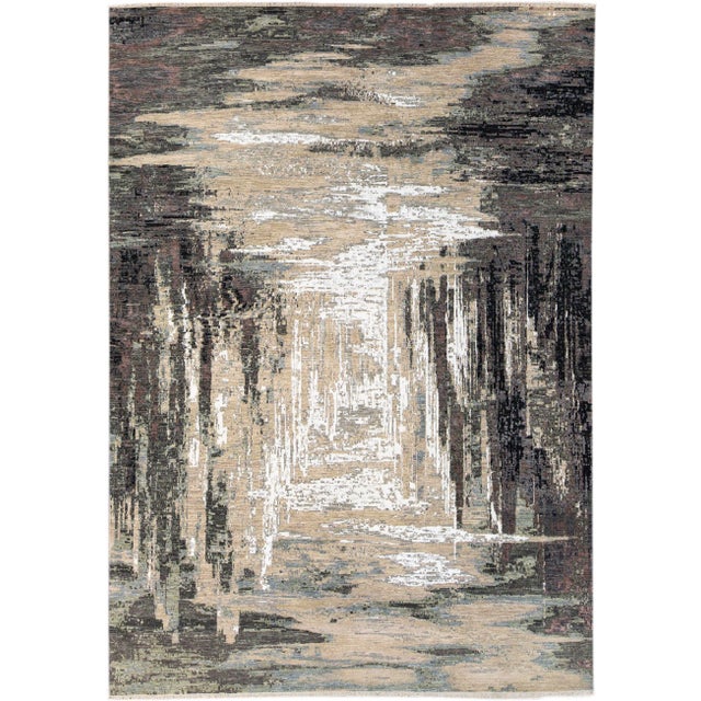 Modern Indian Abstract Beige and Gray Handmade Wool and Silk Rug For Sale - Image 10 of 10