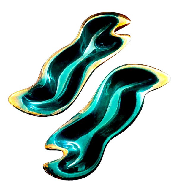 1950s Large BIomorphic Emerald and Parcel Gilt Ceramic Centerpiece Bowls - a Pair For Sale - Image 10 of 12