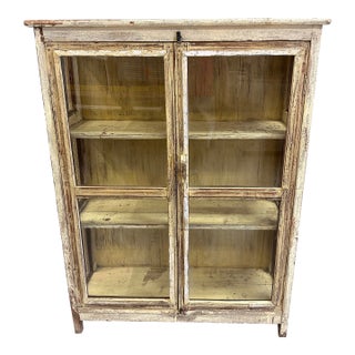 1970s Distressed Wood Glass Front Display Cabinet For Sale