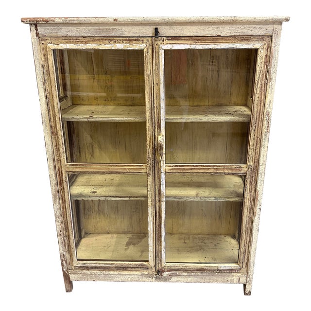 1970s Distressed Wood Glass Front Display Cabinet For Sale