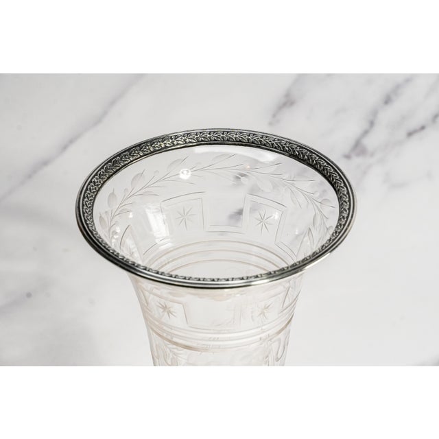 Stunning Antique Etched Glass Vase With Sterling Silver Rim & Pedestal Base Floral Trumpet Vase Luxury Home Decor For Sale - Image 4 of 18