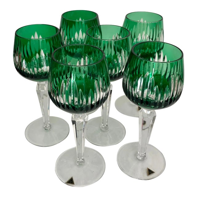 German Green Hand Cut Crystal Wine Goblets / Glasses - Set of 6 For Sale
