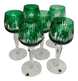 German Green Hand Cut Crystal Wine Goblets / Glasses - Set of 6