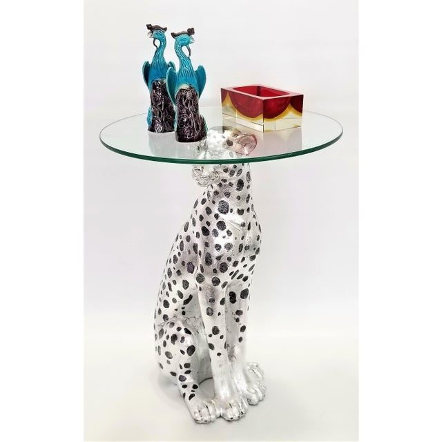 Vintage Silver and Black Cheetah Leopard Cat Side End Table With Glass