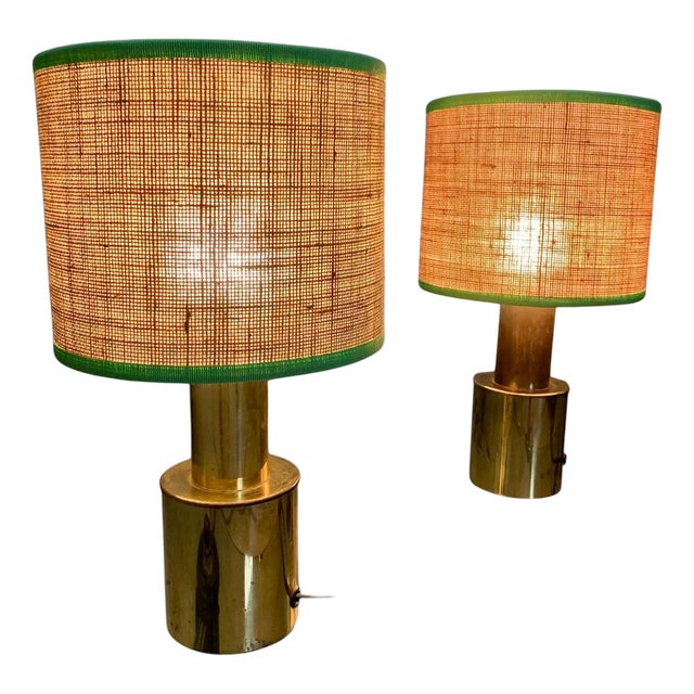 Table Lamps with Brass Structure and Straw Lampshades, 1970, Set of 2 For Sale