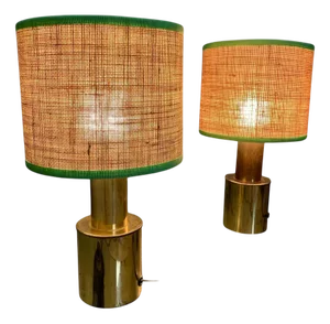 Table Lamps with Brass Structure and Straw Lampshades, 1970, Set of 2