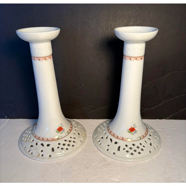 French Country Oscar De La Renta “Royal Poppy” Porcelain Candlesticks – Pair, West Germany For Sale - Image 3 of 10
