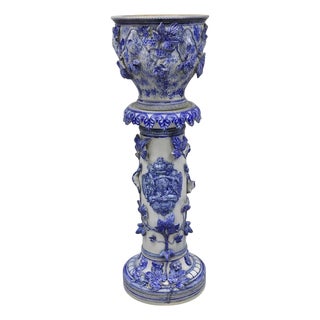Antique German Westerwald Salt Glaze Stoneware Cobalt Blue Jardiniere & Pedestal For Sale