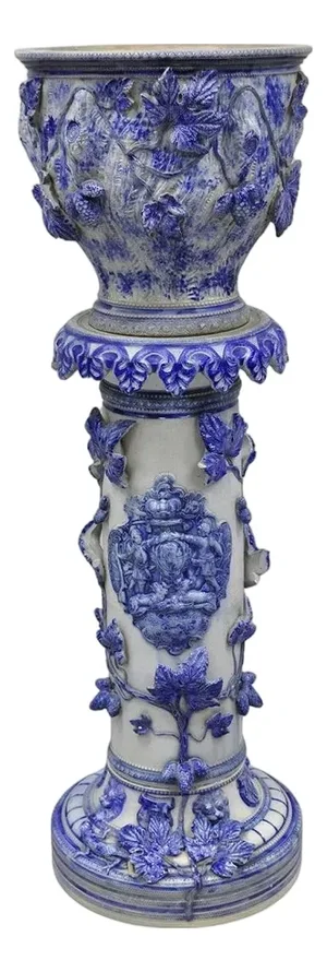 Antique German Westerwald Salt Glaze Stoneware Cobalt Blue Jardiniere & Pedestal