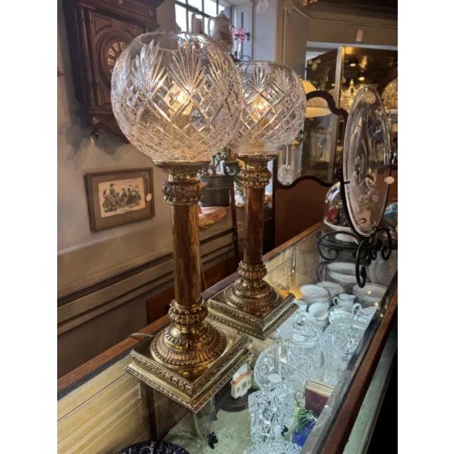 Mid 20th Century Pair of Mid 20th Century Brass and Marble With Cut Crystal Open Globe Torchiere Buffet Lamps For Sale - Image 5 of 12