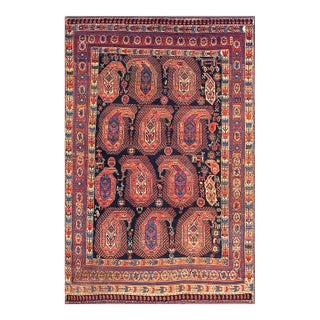 1880s Black Tribal Antique s.e. Persian Afshar Paisley Rug 4'2" X 6'3" Handknotted Wool Carpet For Sale
