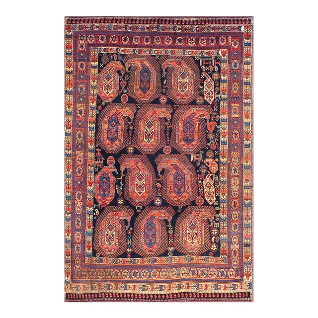 1880s Black Tribal Antique s.e. Persian Afshar Paisley Rug 4'2" X 6'3" Handknotted Wool Carpet For Sale