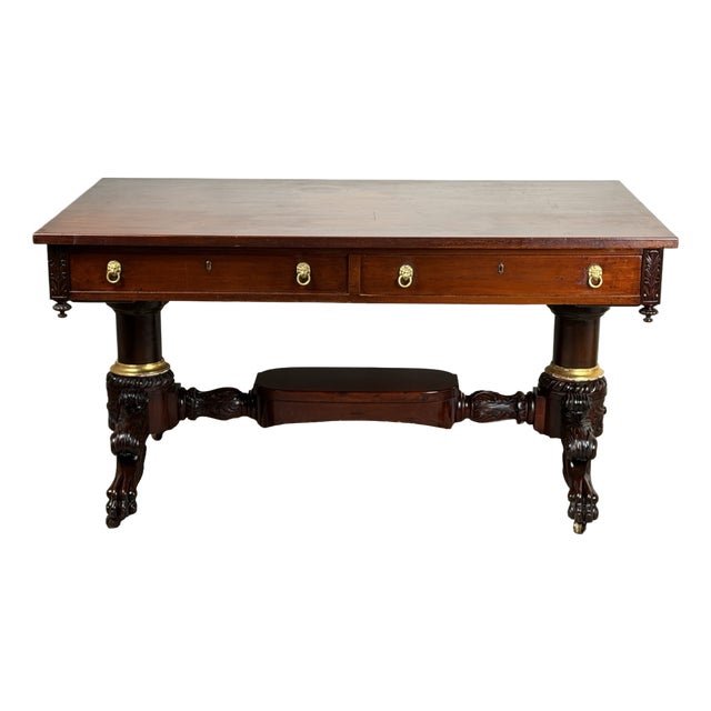 New York Classical Revival Carved Mahogany Double-Pedestal Library Table, Labeled Ernest F. Hagen, Circa 1890–1925 For Sale