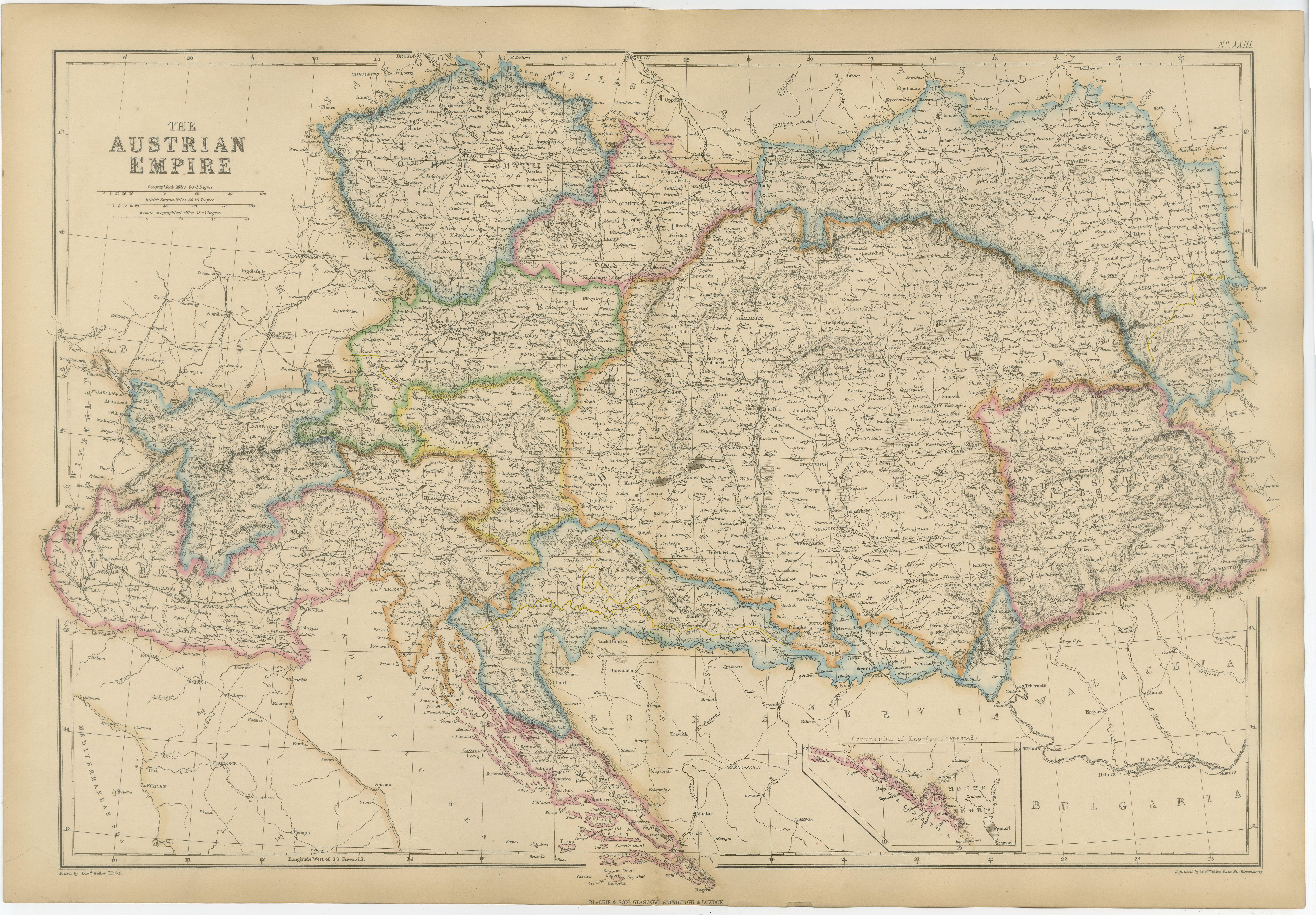 Antique Map of the Austrian Empire, Austria-Hungary, 1860s For Sale