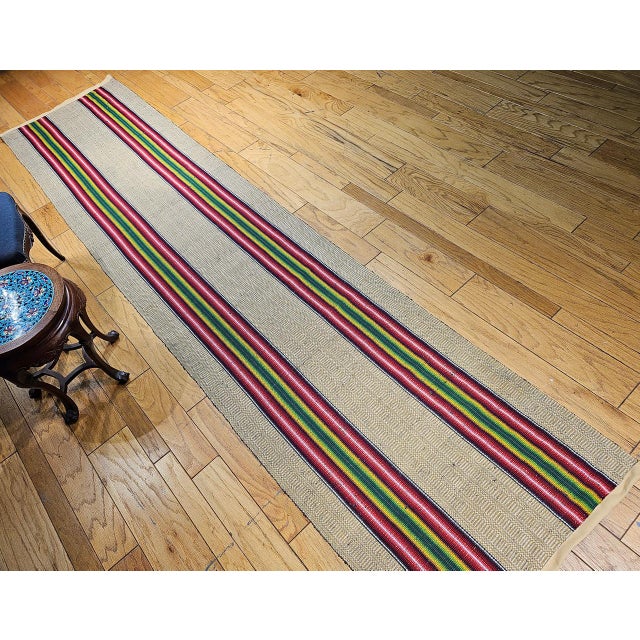 Vintage American Rag Runner, Handwoven Stripe Pattern, Tan, Green & Magenta, 3x13 For Sale - Image 12 of 12