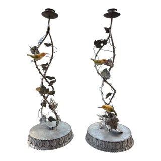 Vintage Spi San Pacific International Hummingbird Candle Holders, Pair | Sculptural Vine & Leaf Design, 16.5" For Sale