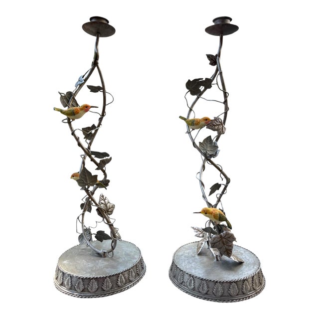 Vintage Spi San Pacific International Hummingbird Candle Holders, Pair | Sculptural Vine & Leaf Design, 16.5" For Sale