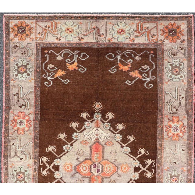Vintage latch hook design Turkish Oushak rug in chocolate brown, taupe, gray and burnt orange, Keivan Woven Arts / rug...