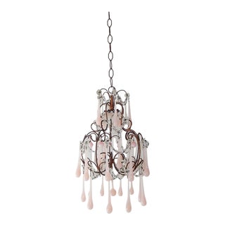 French Pink Opaline Murano Drops Chandelier, Circa 1920 For Sale