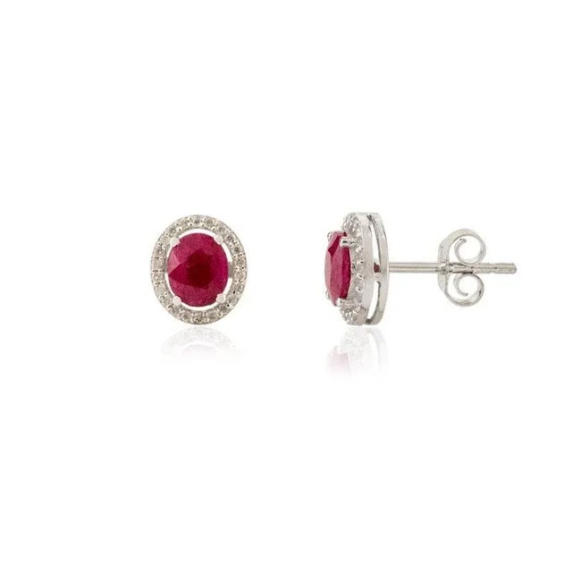 Art Deco 14k Gold Classic Oval Cut Ruby & Diamond Halo Stud Earrings for Her- A Pair For Sale - Image 3 of 12
