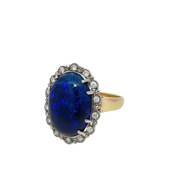 Mid 20th Century 18k Yellow/White Gold Oval Cut Center Opal and Diamond Halo Ring, Size 6.25 For Sale - Image 4 of 11