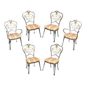 Wrought Iron And Brass Dining Chairs With Fox Hunting Theme - Set of 6