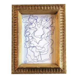 1980’s Vintage Wayne Cunningham Abstract Blue Ink Drawing Framed For Sale